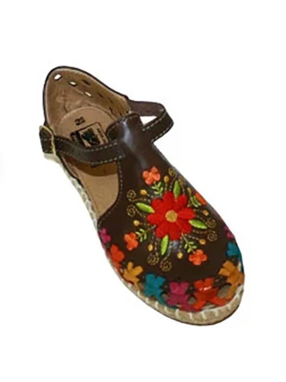 Ladies Closed Toe Genuine Authentic Mexican Leather / Flower Embroidery Sandals